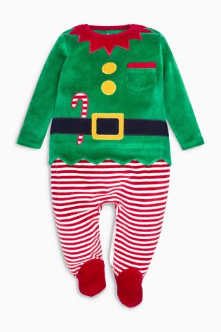 Green Elf Christmas Dress Up Velour Sleepsuit And Hat (0mths-2yrs)